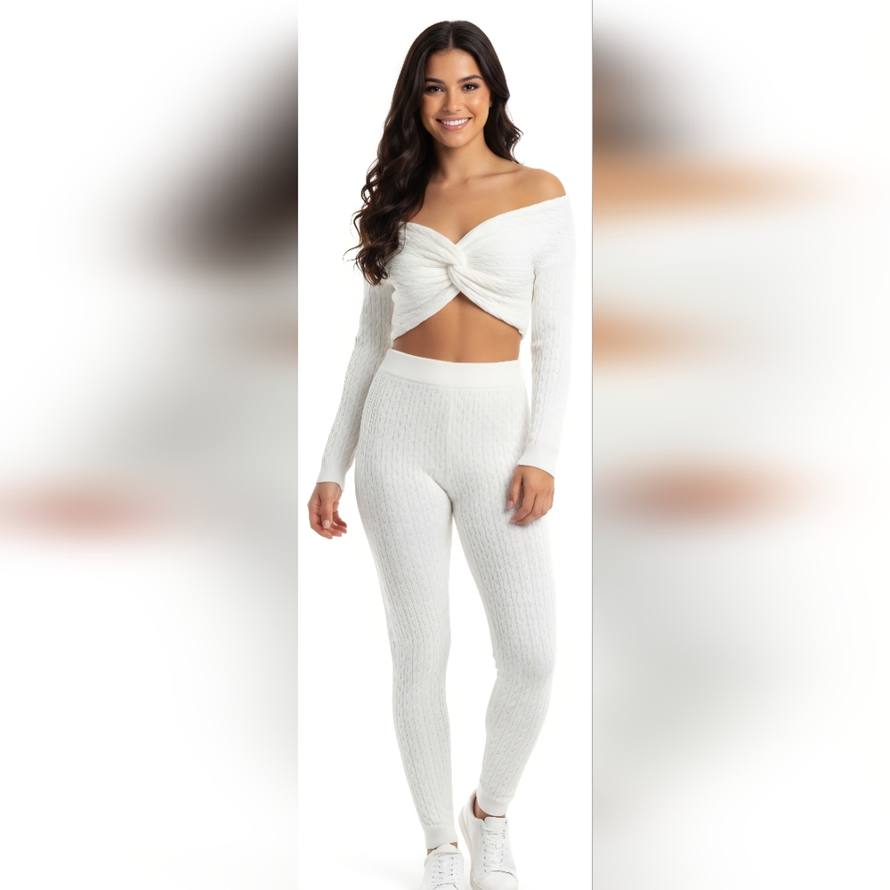 White Twist Front Cable Knit Two Piece Outfit